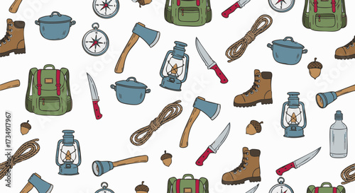 Hand-drawn seamless pattern of various outdoor and camping equipment on a clean white background