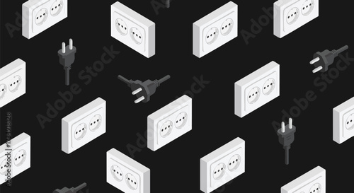 Isometric seamless pattern of European electrical sockets and plugs on a dark background
