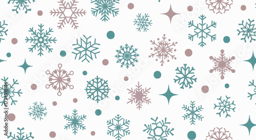 Modern seamless pattern of stylized snowflakes and stars in trendy teal and dusty purple colors set against a crisp white backdrop