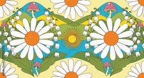 Psychedelic retro seamless pattern with daisies, lily of the valley flowers, and magic mushrooms. Groovy 70s floral illustration for backgrounds