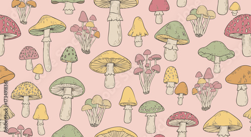 Psychedelic seamless pattern featuring colorful hand-drawn mushrooms and fungi elements on a bright pink background