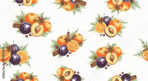 Repeating vector pattern featuring classic holiday ingredients such as oranges, plums, pine branches, cinnamon sticks, and star anise