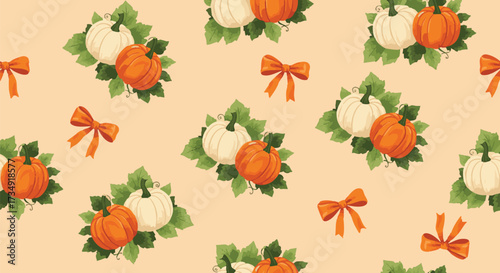 Seamless autumn pattern featuring pumpkins and bows on a peach background