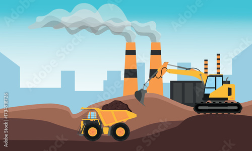 Mining industry scene with heavy vehicles Flat design style landscape background