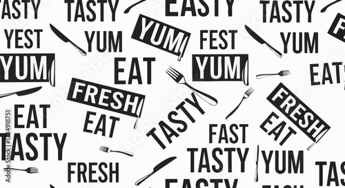 Seamless food-related pattern design featuring the words 'Tasty', 'Yum', 'Eat', and 'Fresh', along with knife and fork illustrations