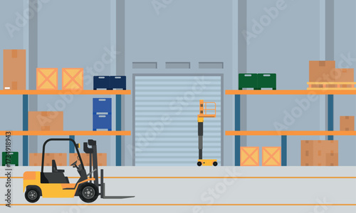 Warehouse interior with cardboard and forklift object Flat design style background