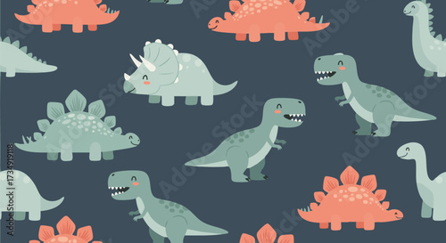 Seamless pattern featuring cute cartoon dinosaurs on a dark blue background
