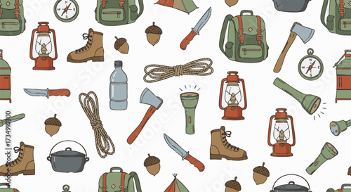 Seamless pattern featuring hand-drawn camping and hiking gear icons like backpacks, boots, lanterns, axes, and compasses for outdoor adventure themes
