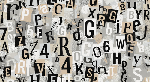 Seamless pattern of abstract typography collage, featuring jumbled letters, numbers, and distressed grunge textures