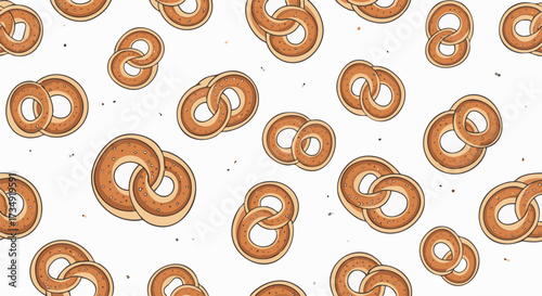 Seamless pattern of cartoon bagels with sesame seeds on a white background