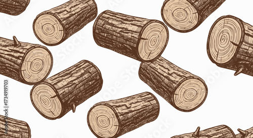 Seamless pattern of engraved wood logs showing detailed bark texture and growth rings, ideal for rustic, nature, or lumber industry designs