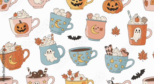 Seamless pattern of cute Halloween mugs filled with hot chocolate and creamy toppings