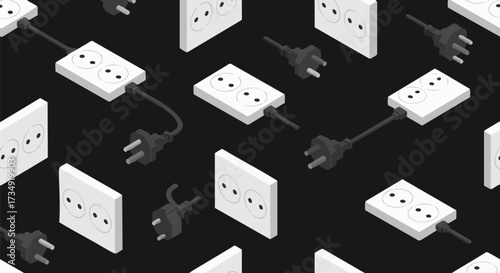 Seamless pattern of white electrical outlets and black plugs against a dark background, rendered in a modern isometric style