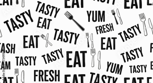 Seamless pattern with bold black typography featuring words like EAT, TASTY, and YUM, interspersed with hand-drawn cutlery icons