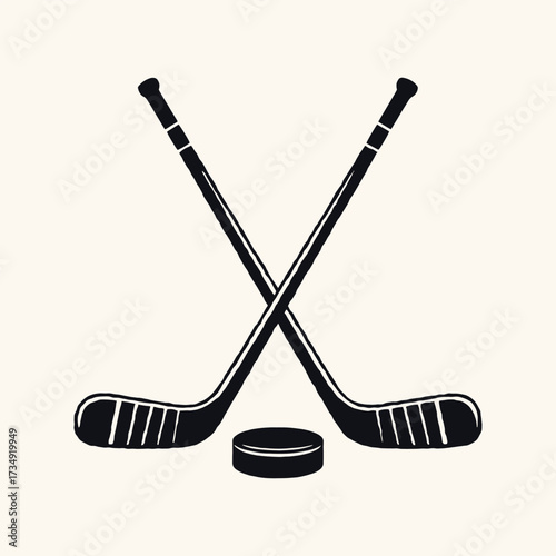Vintage Black and White Hockey Sticks Crossed with Puck, Monochrome Minimal Flat Design Illustration, Clean Lines Vector Sports Equipment