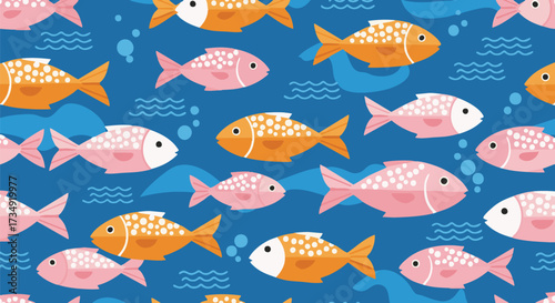 Seamless pattern with cartoon fish swimming in a vibrant blue ocean. This vector illustration features orange and pink fish
