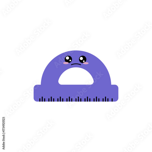 Whimsical purple protractor character with a sad expression, perfect for educational resources, measurement tools, and emotional school concepts