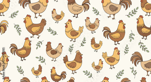 Seamless pattern with cute, hand-drawn cartoon chickens and roosters scattered among green sprigs on a light background