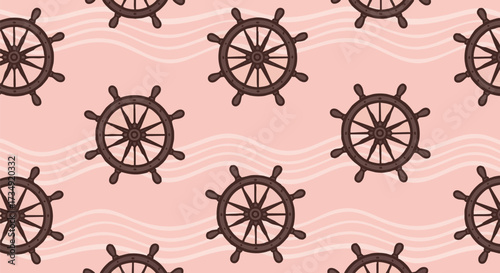 Seamless repeating pattern featuring dark brown ship steering wheels set against a light pink background with subtle white wave accents