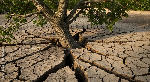 Resilient tree thriving in cracked earth during drought conditions