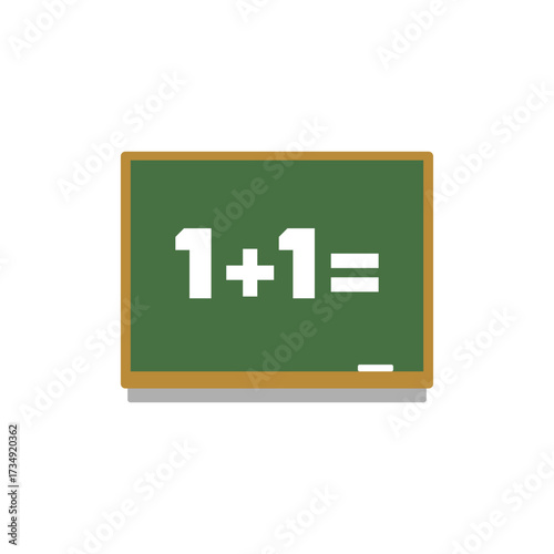 Vector illustration of a green chalkboard displaying a simple arithmetic problem, '1+1=', symbolizing fundamental education and basic mathematics