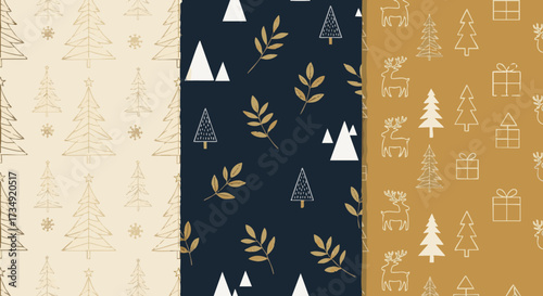 Set of three seamless winter and Christmas holiday patterns featuring festive elements like reindeer, trees, mountains, leaves, and gifts in stylish color palettes
