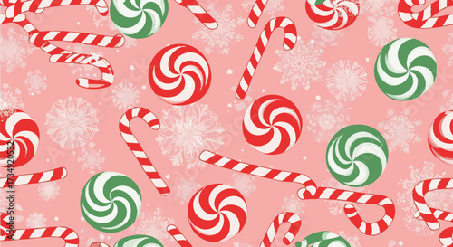 Sweet Christmas seamless pattern with red and white striped candy canes and peppermint candies. Pink background with white snowflakes