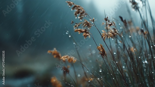 Dreamy reed details under a gentle rain shower in a serene forest landscape