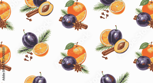 This seamless pattern design showcases an assortment of festive ingredients, including oranges, plums, and spices on a white background