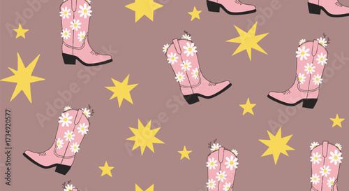 Trendy seamless pattern featuring pink Western cowgirl boots decorated with daisies and scattered yellow stars on a mauve background