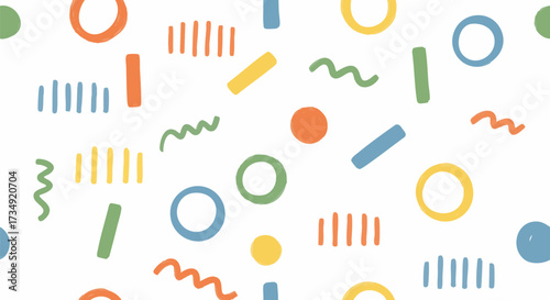 Vibrant, colorful, hand-drawn abstract seamless pattern in retro 80s Memphis style on a white background