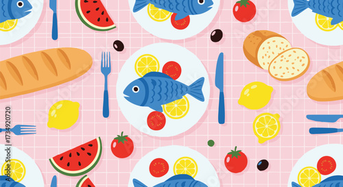 Vibrant, colorful seamless pattern featuring a stylized fish dinner served on a pink checkered tablecloth background