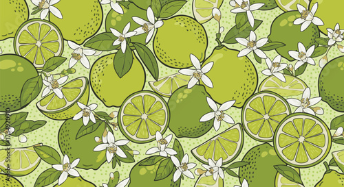 Vibrant lime pattern with blossoms and leaves