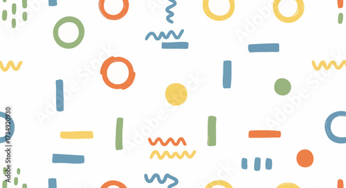 Vibrant, playful seamless pattern featuring abstract hand-drawn geometric shapes like circles, lines, and squiggles in bright colors on a white background