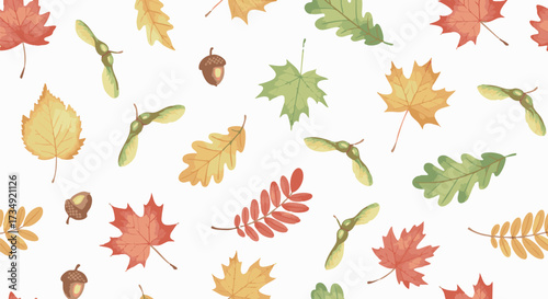 Vibrant seamless pattern featuring colorful autumn leaves, maple seeds, and acorns on a white background