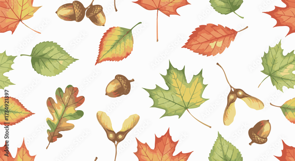 Fototapeta premium Vibrant watercolor-style seamless pattern featuring assorted fall foliage, acorns, and maple seeds on a clean white background