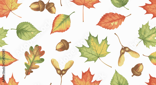 Vibrant watercolor-style seamless pattern featuring assorted fall foliage, acorns, and maple seeds on a clean white background