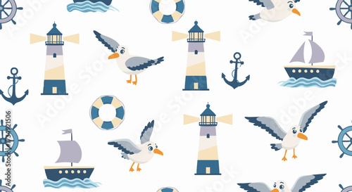 Whimsical nautical seamless pattern featuring cute cartoon seagulls, lighthouses, sailing boats, anchors, lifebuoys, and ship wheels on a white background