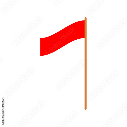 Red flag waving on a flagpole, isolated on white background