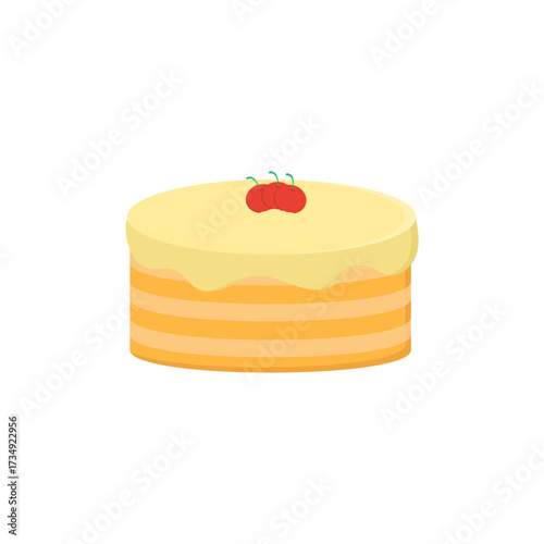 A delicious layered cake with creamy frosting and two cherries on top, perfect for any celebration or dessert