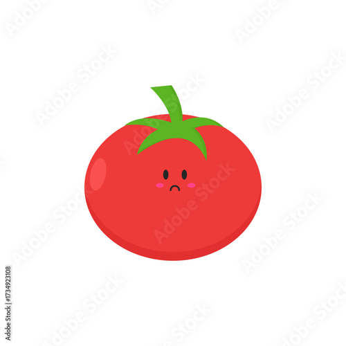 A charming and cute fruit illustration of a sad cartoon tomato character, perfect for children's designs or content needing a touch of expressive, wholesome garden produce