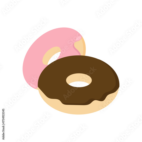A simple vector illustration of two sweet donuts with pink and chocolate glaze, a popular and sugary dessert food item