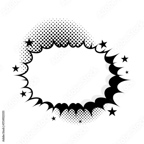 Dynamic black and white comic book speech bubble with an explosive border, stars, and halftone effects for pop art designs