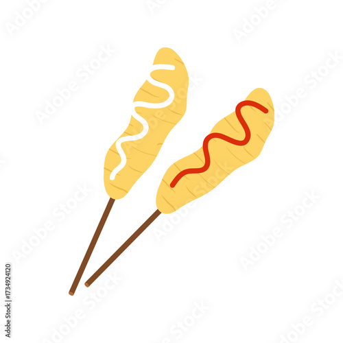 Two delicious egg rolls on sticks with ketchup and mayonnaise isolated on white background, cartoon style