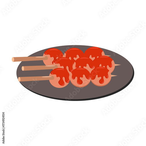 Delicious food on skewers, appetizing meatballs covered in sauce, a delightful culinary presentation of Indonesian street food