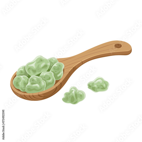 Illustration of royal green hojari frankincense, on a wooden spoon, isolated on a white background.