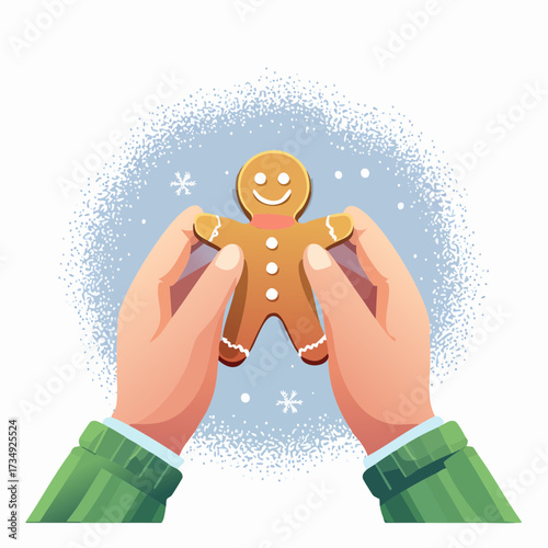 Hands of joyful elderly man holding a gingerbread cookie shaped like a Christmas figure, surrounded by a snowy background, capturing the joy of holiday baking
