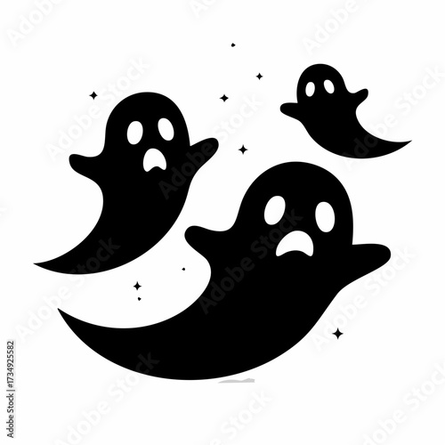 Creepy and comical Halloween ghosts collection silhouette design featuring three playful spirits with stars, perfect for festive decorations and spooky themes with copy space