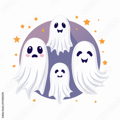 Collection of comical and creepy Halloween ghosts in flat vector style, featuring cheerful expressions and whimsical designs, perfect for festive decorations and illustrations with copy space