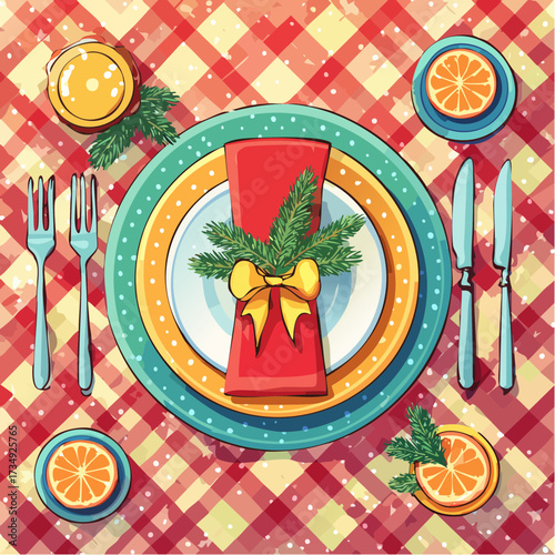 Top view of a festive Christmas dinner table setting featuring plates with napkins tied by bows, vibrant colors, and decorative elements creating a joyful holiday atmosphere